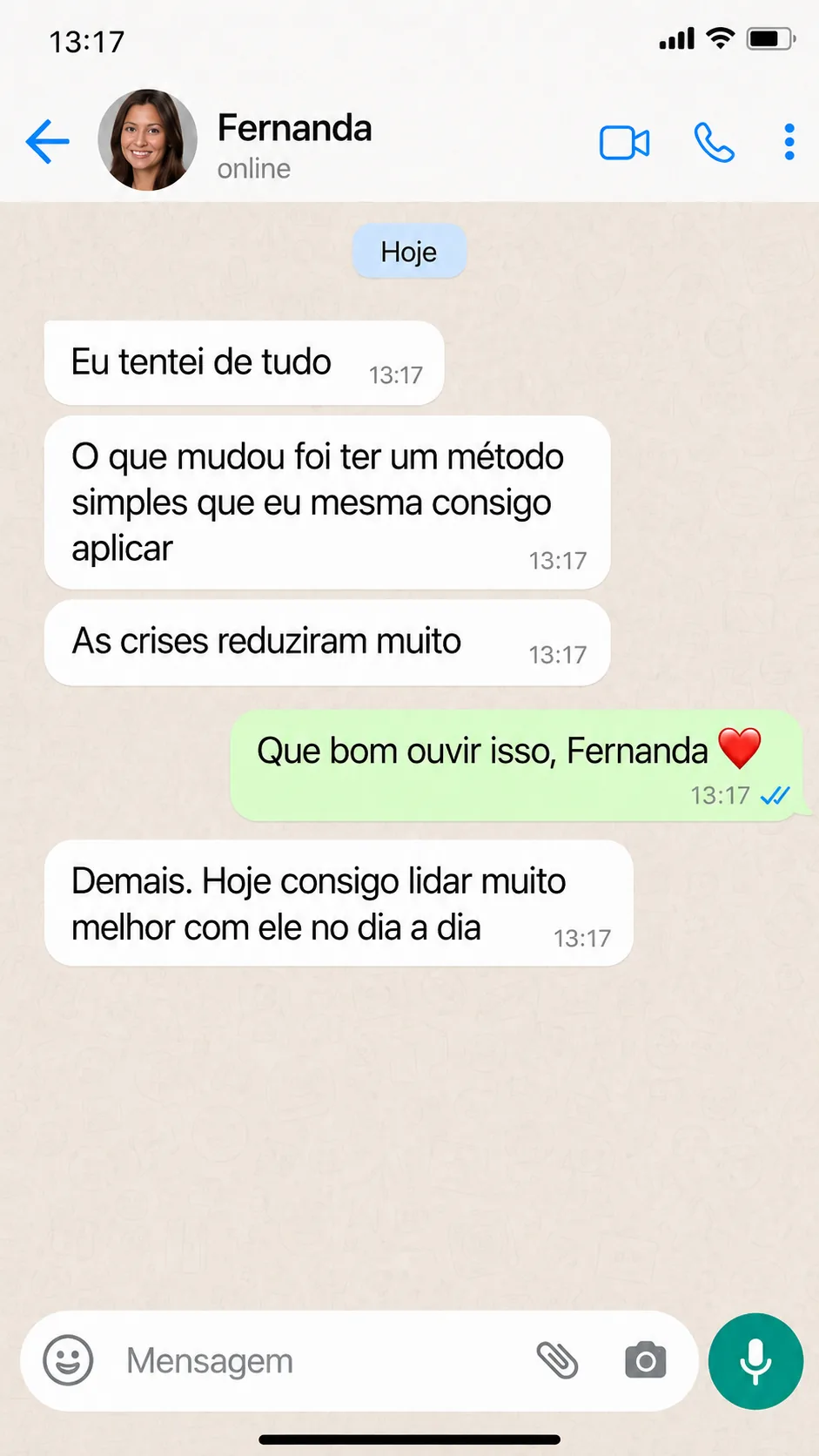 Print de WhatsApp do depoimento de Fernanda, mãe do Lucas