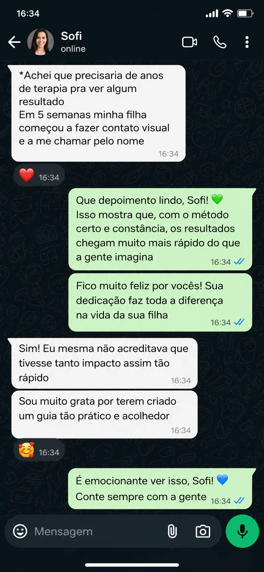 Print de WhatsApp do depoimento de Juliana, mãe da Sofia